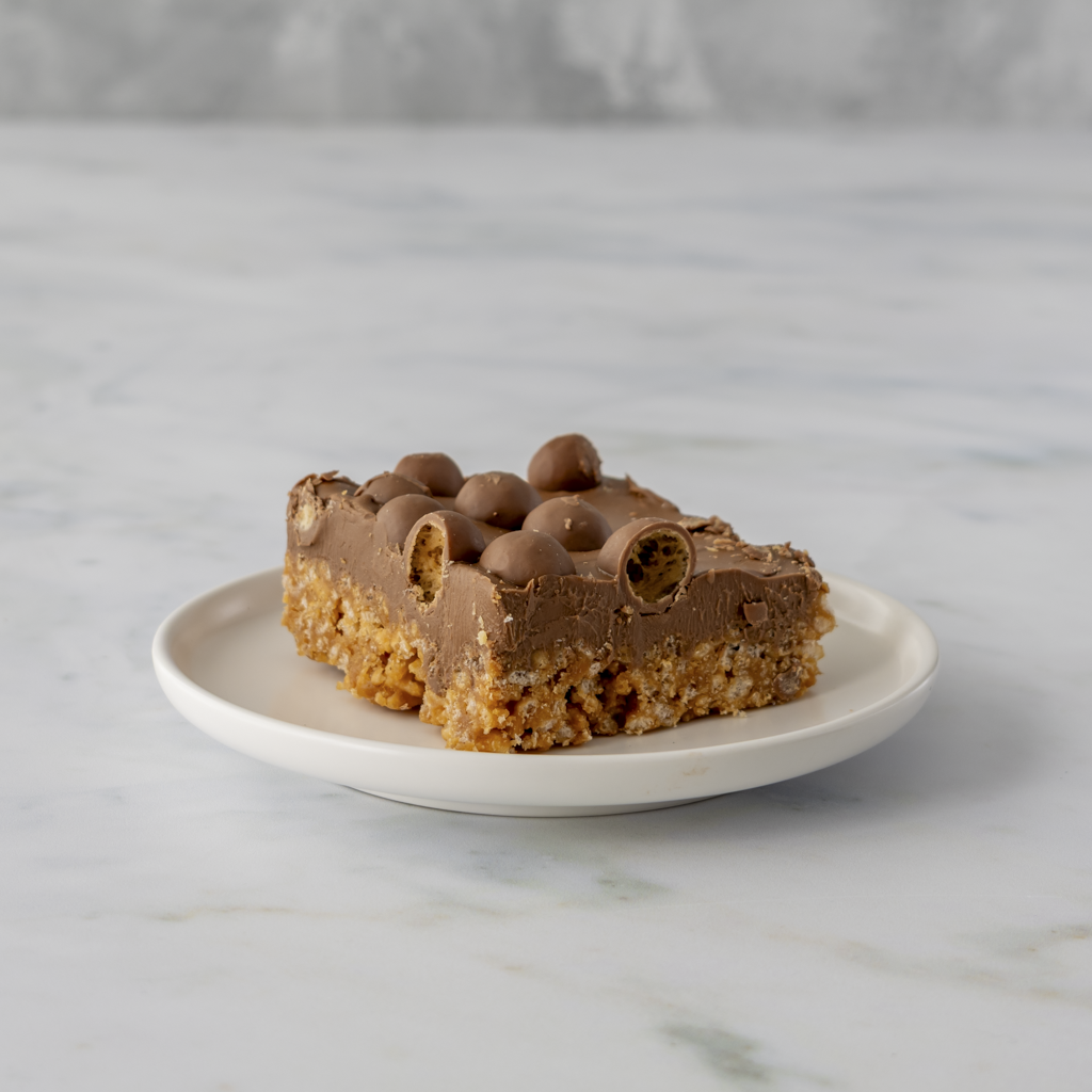 Indulgent Malteser crispie slab dessert square plated for serving