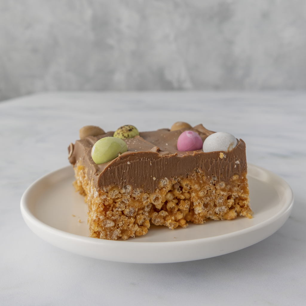 Mini Egg crispie slab traybake portion served on white plate with caramel crispie base