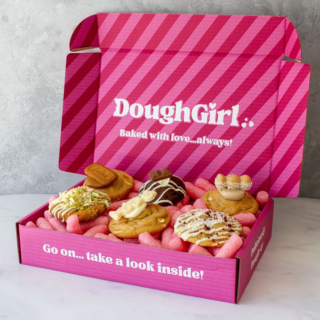 DoughGirl 6 Cookie gift box with branded pink box against a neutral background