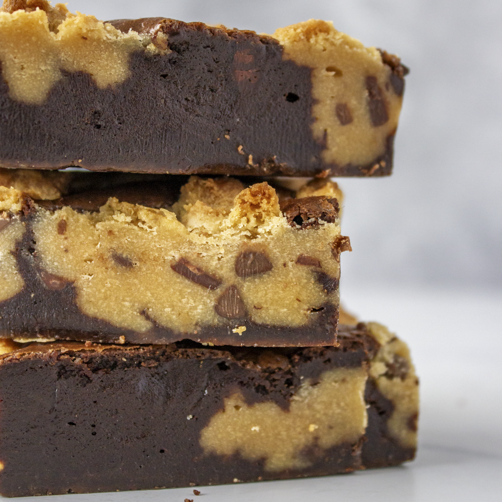 A block of 3 DoughGirl Classic Brookie Slabs against a neutral background