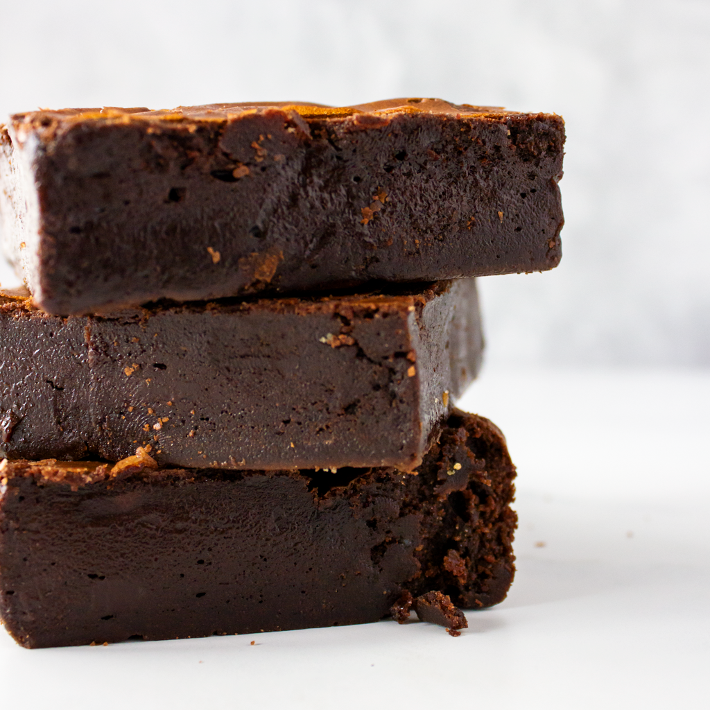 DoughGirl stacked classic brownie slabs with rich fudgy chocolate texture