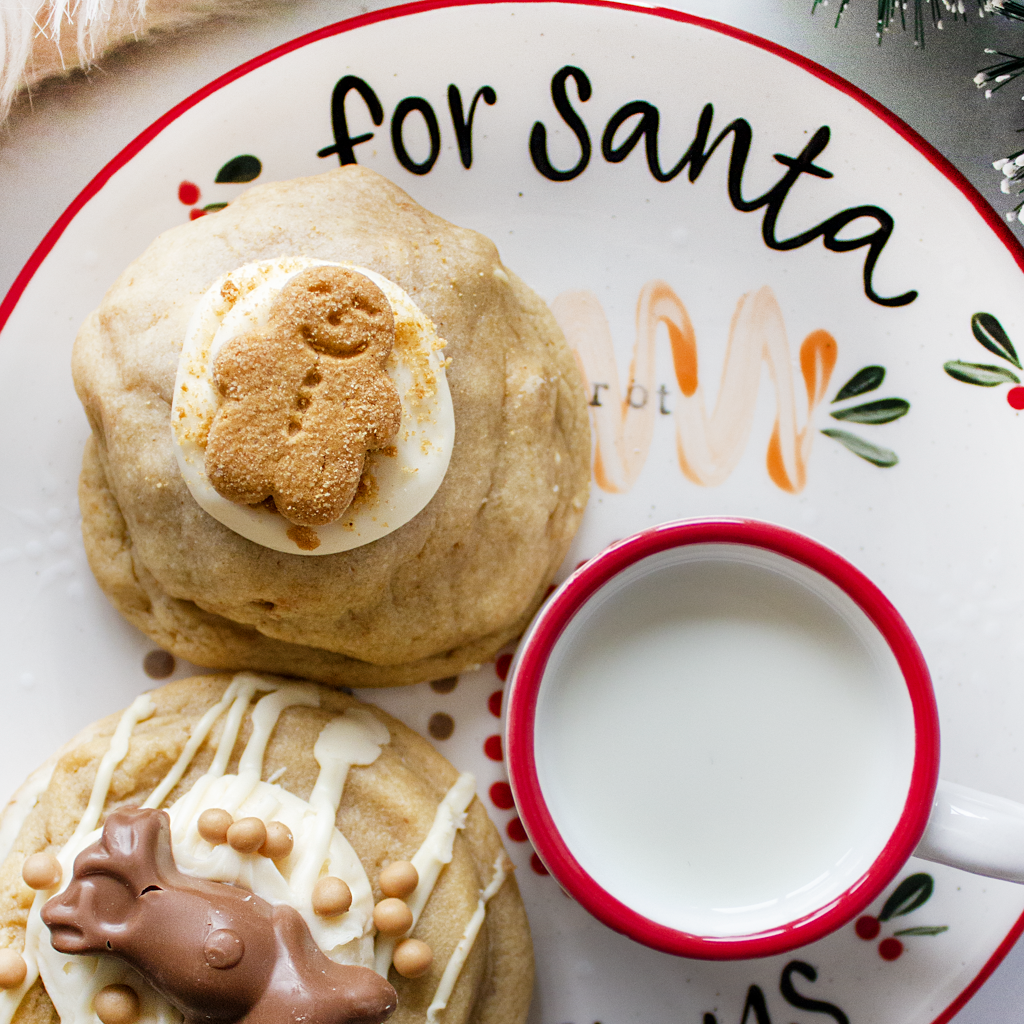 DoughGirl winter cookies with milk on a Santa plate for festive sharing