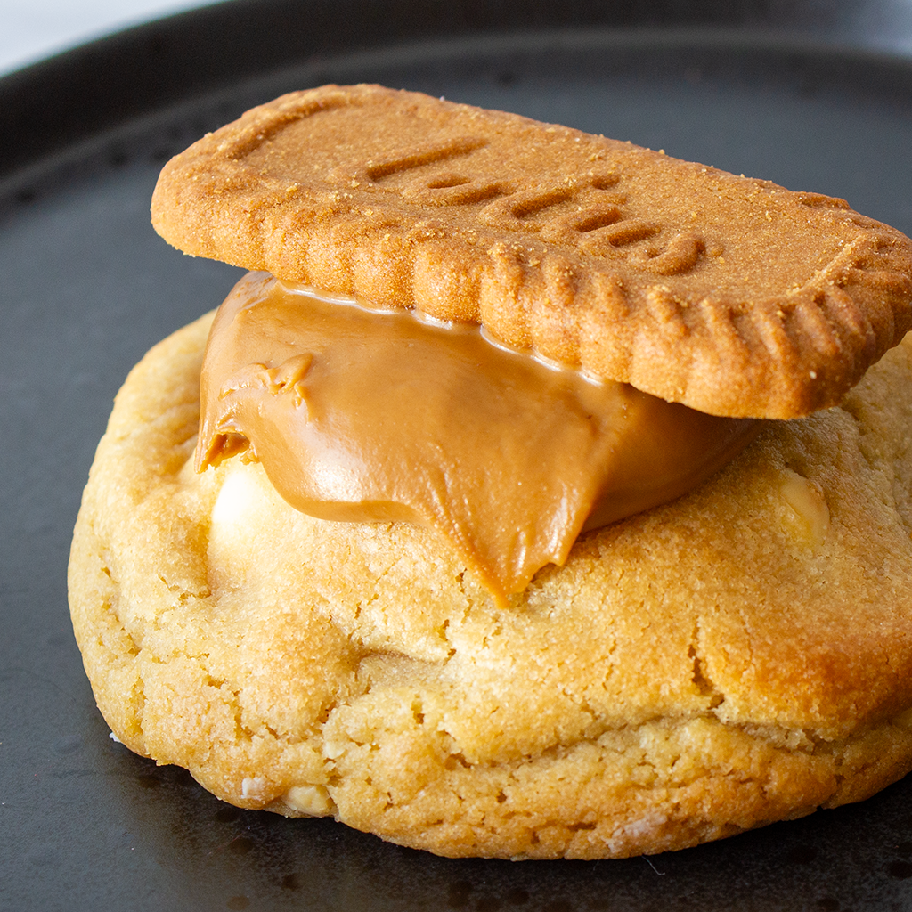 DoughGirl Deluxe Cookie with Lotus Biscoff on a black plate