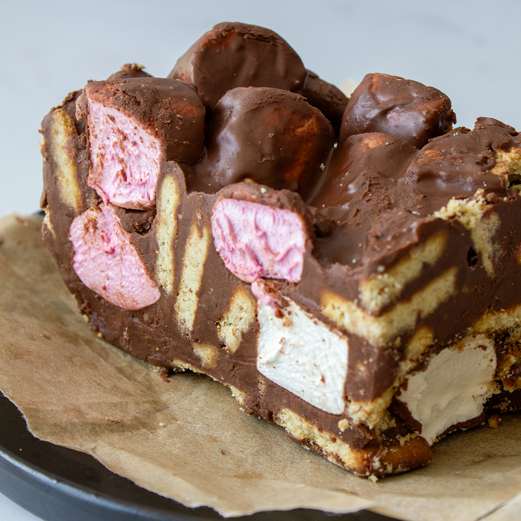 Giant Milk chocolate rock road slice up close view