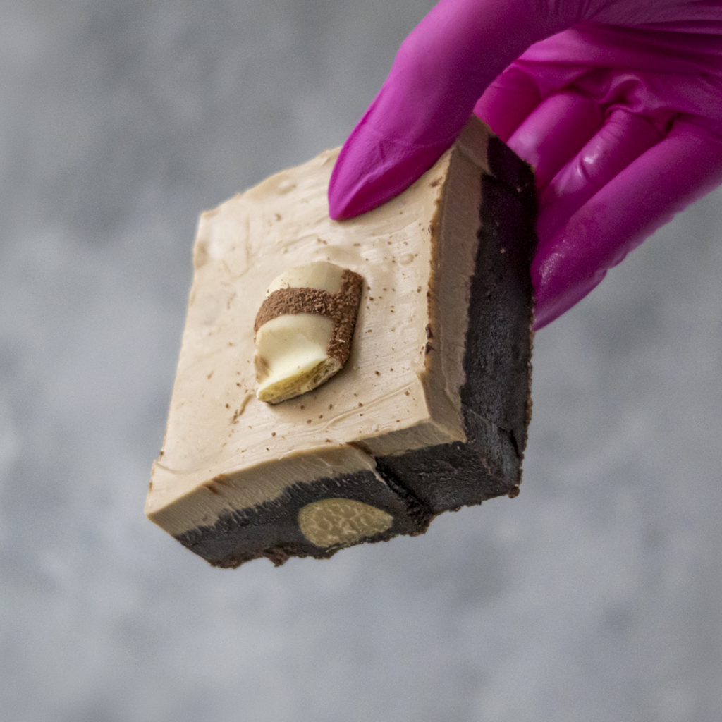Bueno Brownie Slab held by a hand wearing a purple glove against a gray background