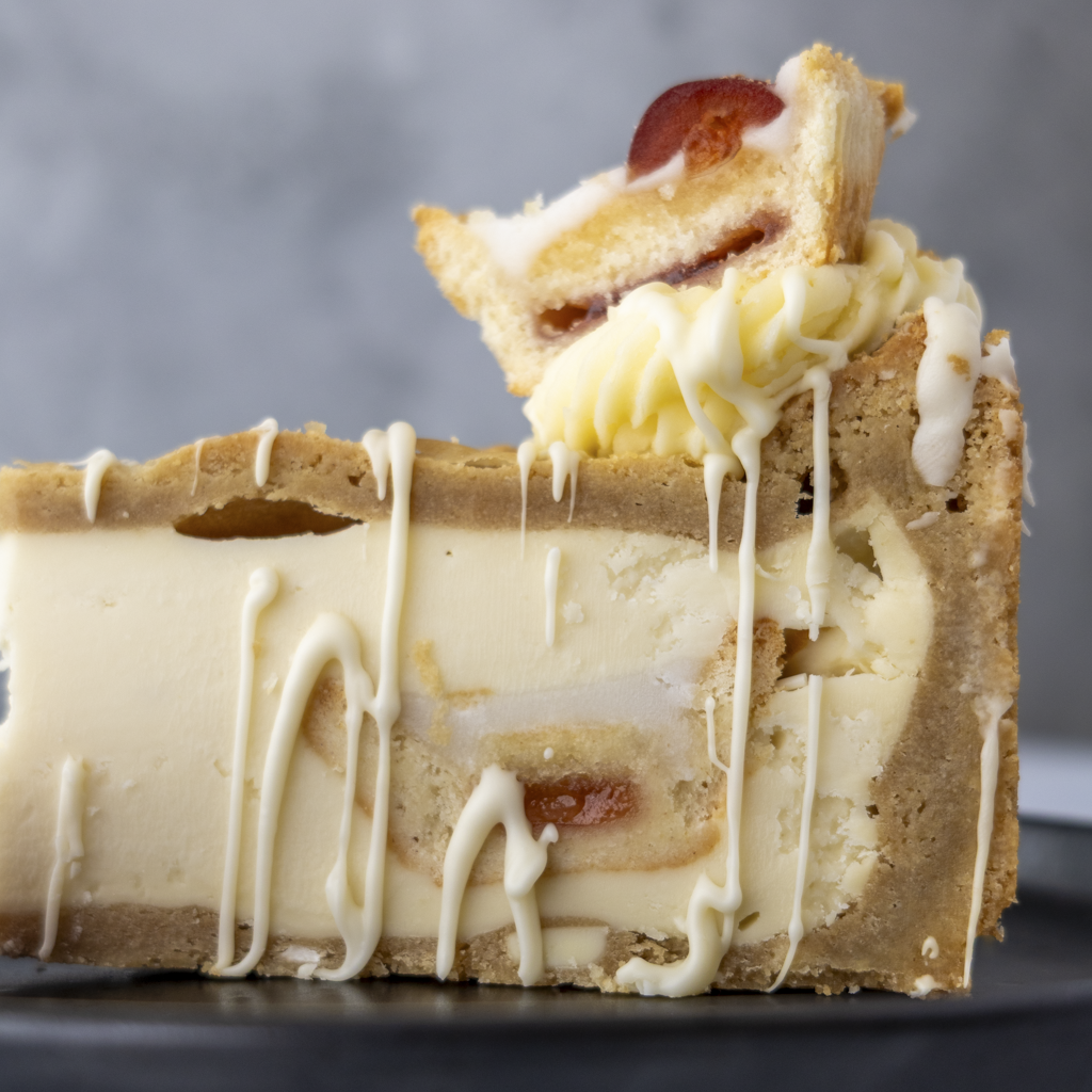 Close-up of a Cherry Bakewell Cookie Pie with white chocolate drizzle on a gray background
