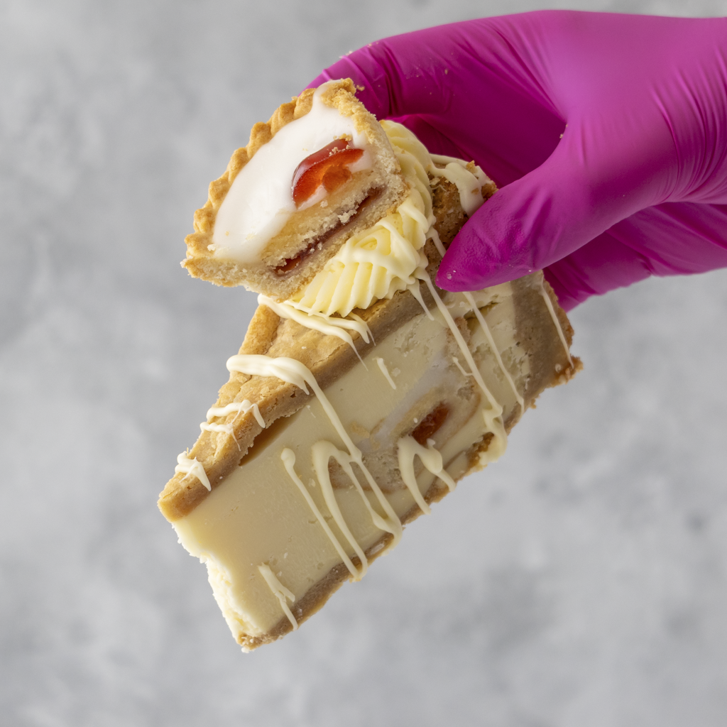 Hand holding a slice of Cherry Bakewell Cookie Pie with white frosting, against a gray background.