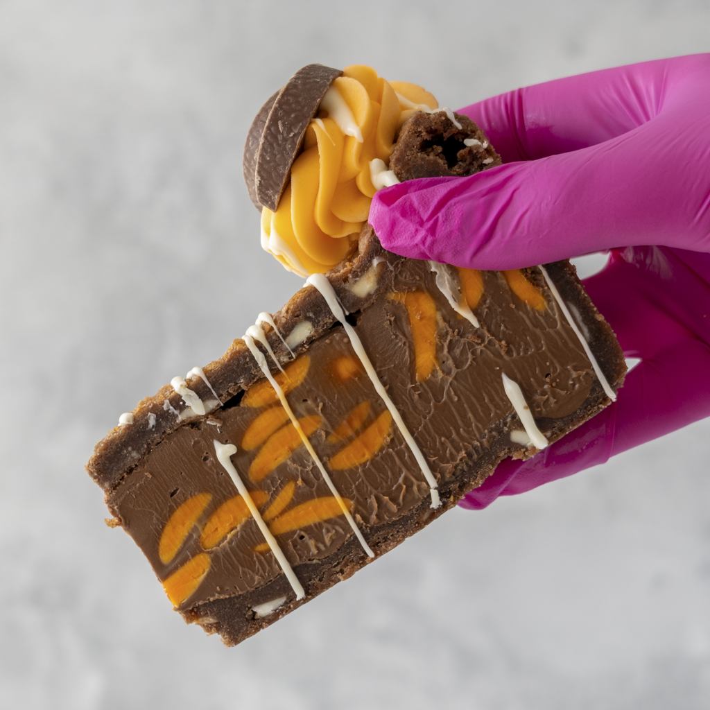 Chocolate Orange Cookie Pie Slice held in pink glove showing thick chocolate cookie layers