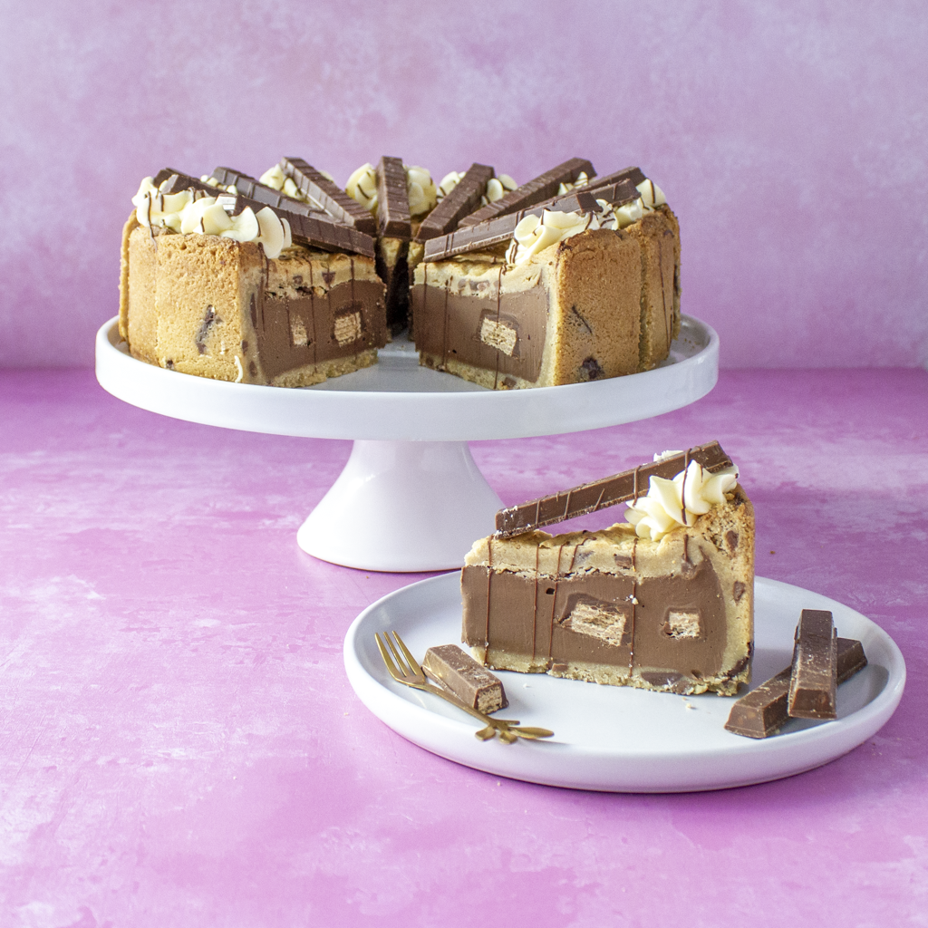 DoughGirl 12-slice Cookie Pie with KitKat, chocolate filling and slice on plate