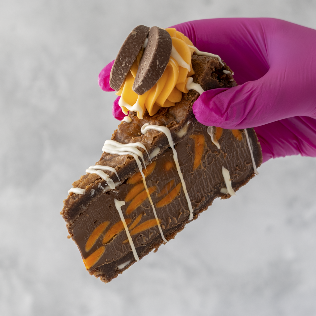 DoughGirl Chocolate Orange Cookie Pie Slice with Chocolate Orange wedge and orange drizzle
