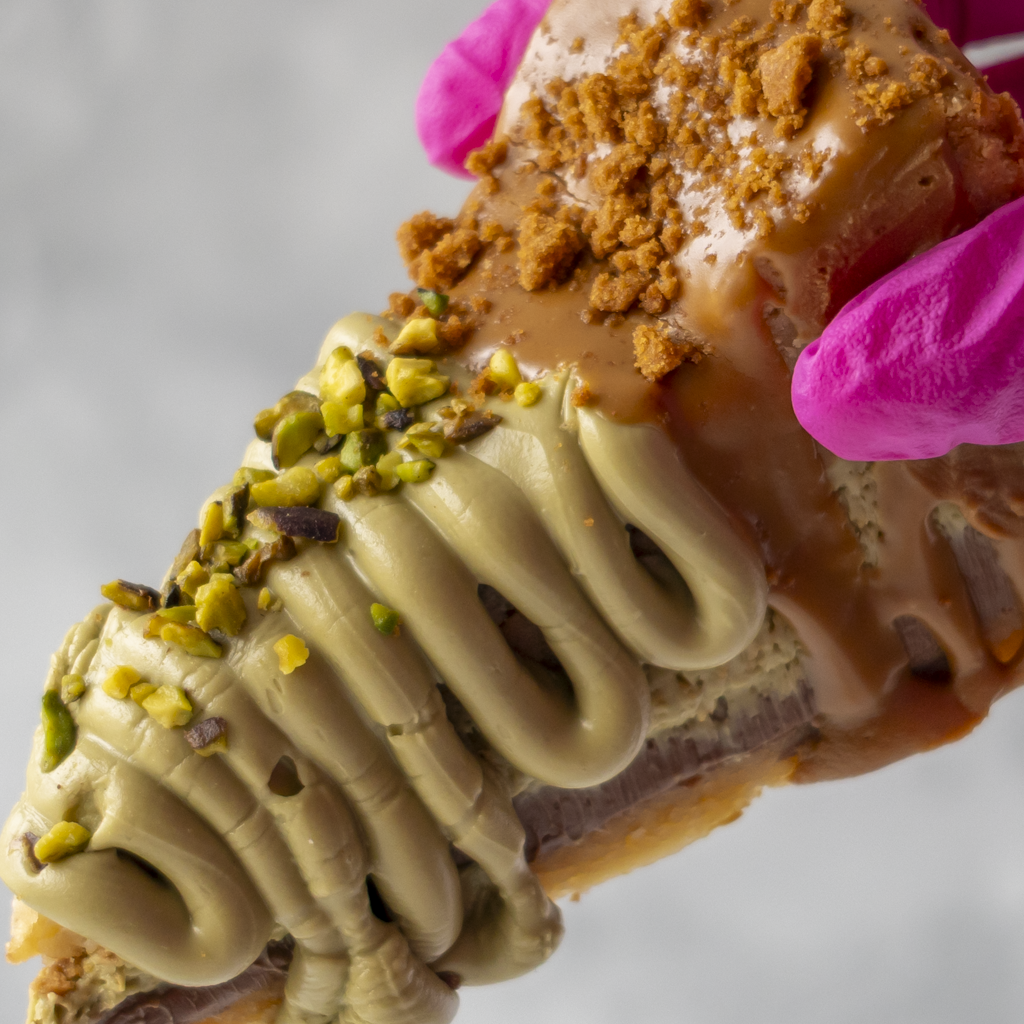 A close-up of a Dubai Chocolate Cookie Pie Slice with Biscoff held by a hand wearing bright pink gloves. The dessert has a light beige drizzle, caramel-like topping, brown crumb garnish, and chopped green pistachio pieces, set against a soft light gray background.
