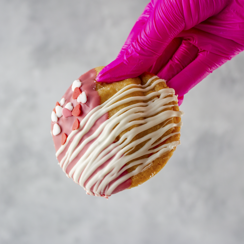 Valentine's Ruby Chocolate Deluxe Cookie with pink and white icing held by a pink gloved hand against a gray background