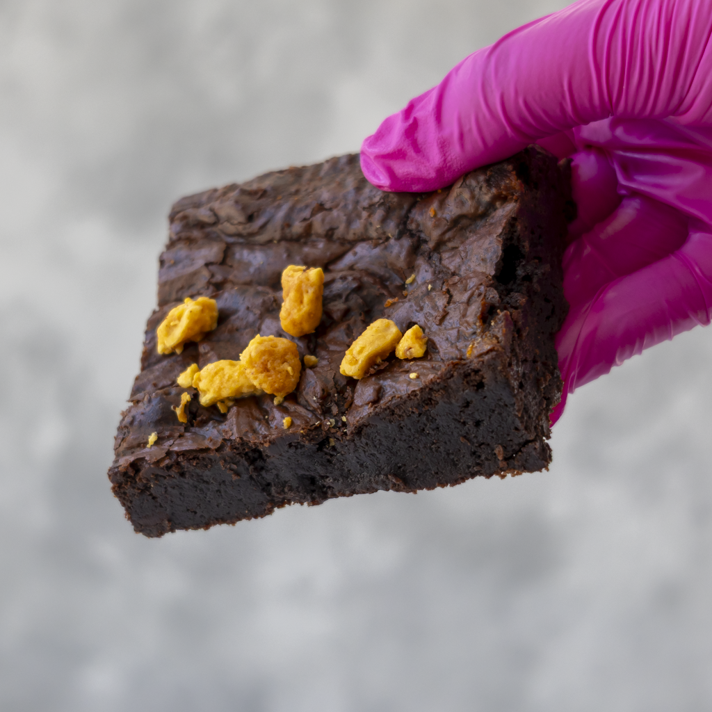 A hand wearing a bright pink glove holds a square chocolate brownie topped with crunchy honeycomb pieces against a soft gray background.