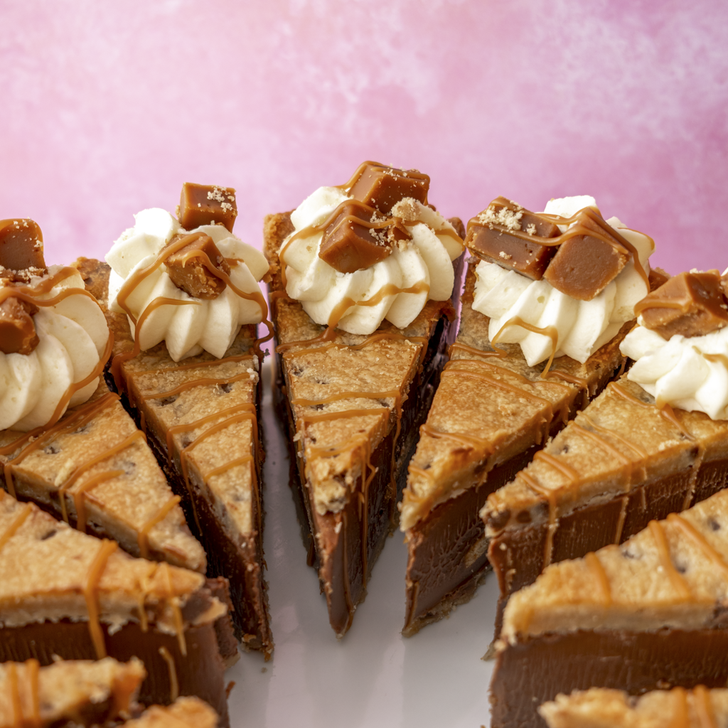 Slices of Full Banoffee Cookie Pie with white cream banoffee pieces on a pink background