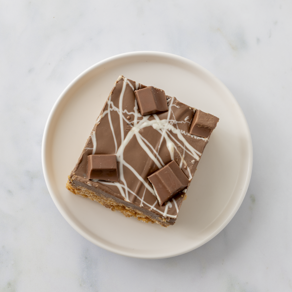 Gourmet Kinder chocolate crispie slab dessert with caramel rice crispies served on white plate
