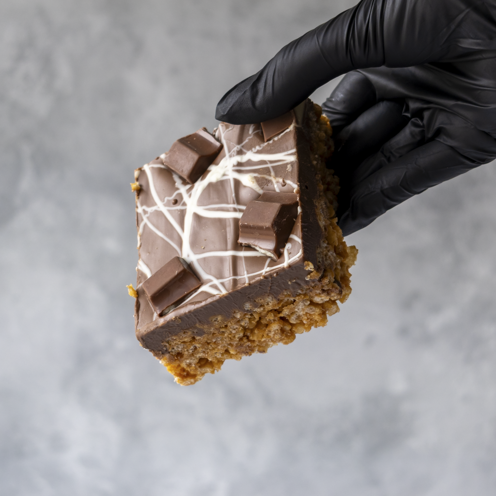 Hand wearing a black glove holding a chocolate-covered Kinder Crispie Slab against a gray background