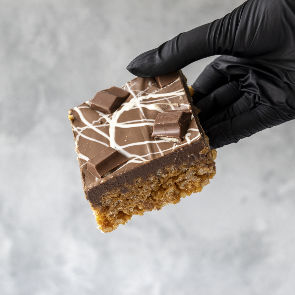 Kinder rice krispie treat held by a gloved hand on a gray background