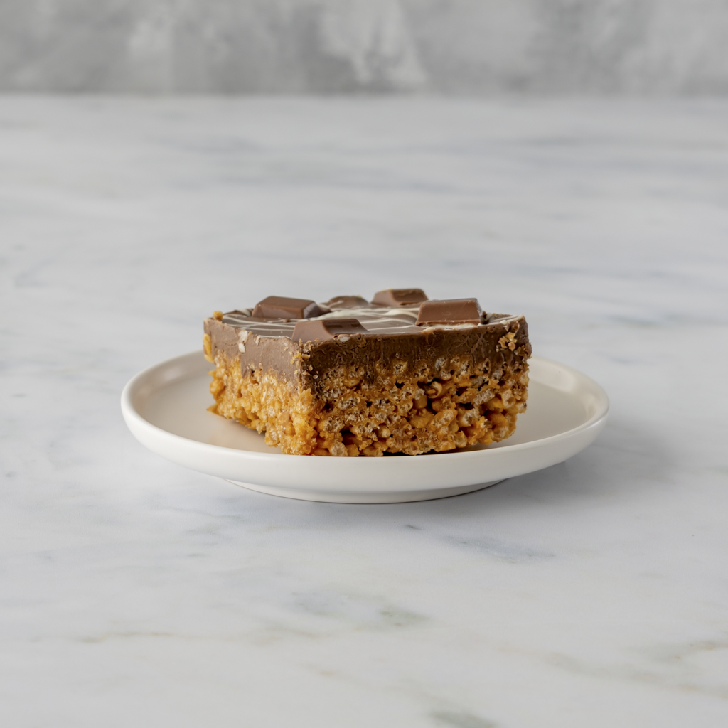 Kinder Crispie Slab slice plated with hazelnut chocolate topping and chunks of Kinder bar