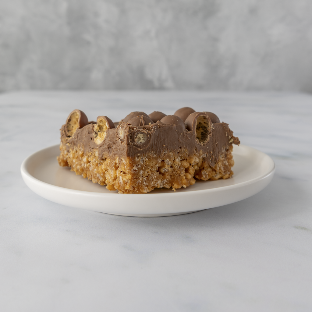Malteser crispie slab traybake slice with milk chocolate topping on plate