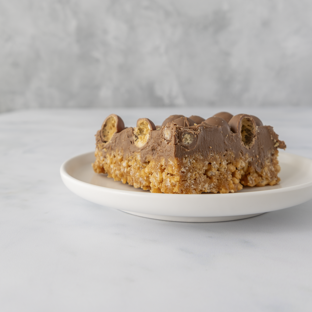 Malteser crispie slab dessert slice served on white plate with caramel rice crispy base