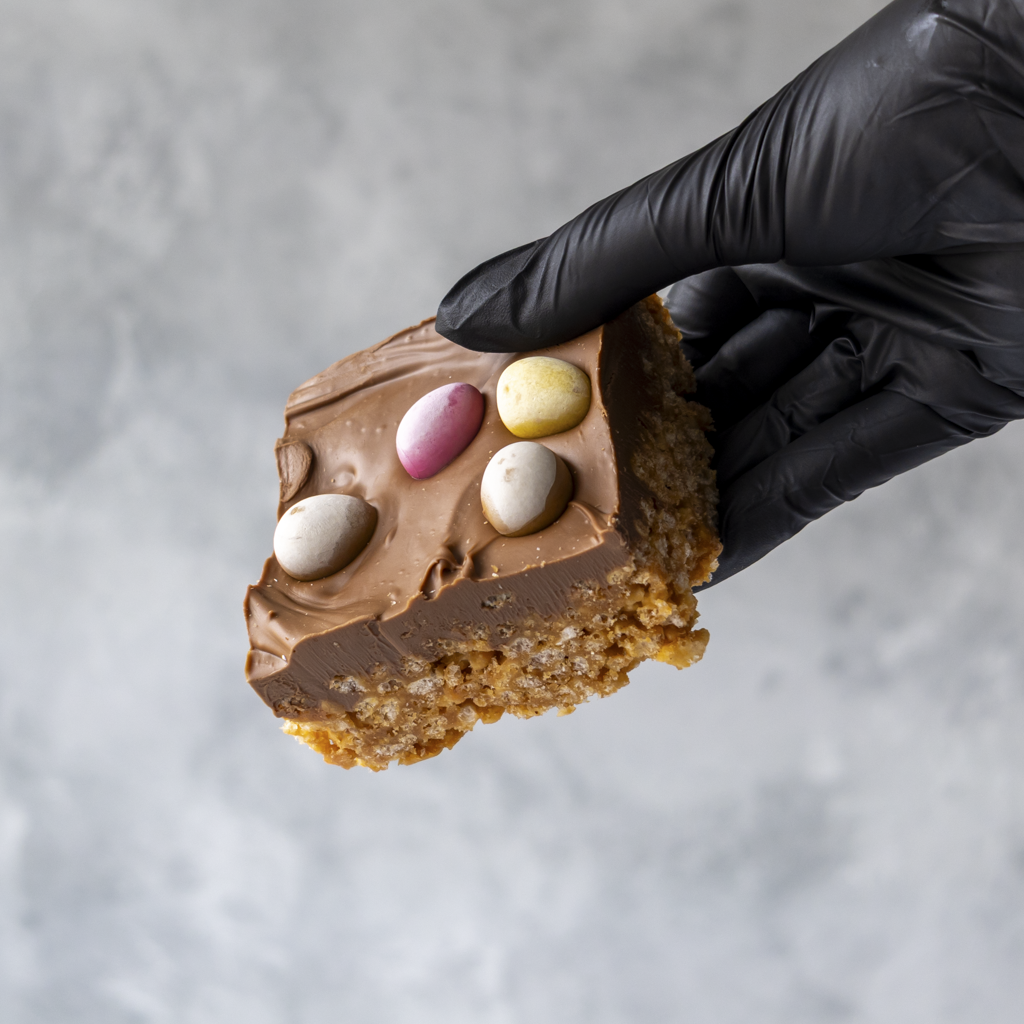Hand wearing a black glove holding a chocolate-covered Mini Egg Crispie Slab against a neutral background