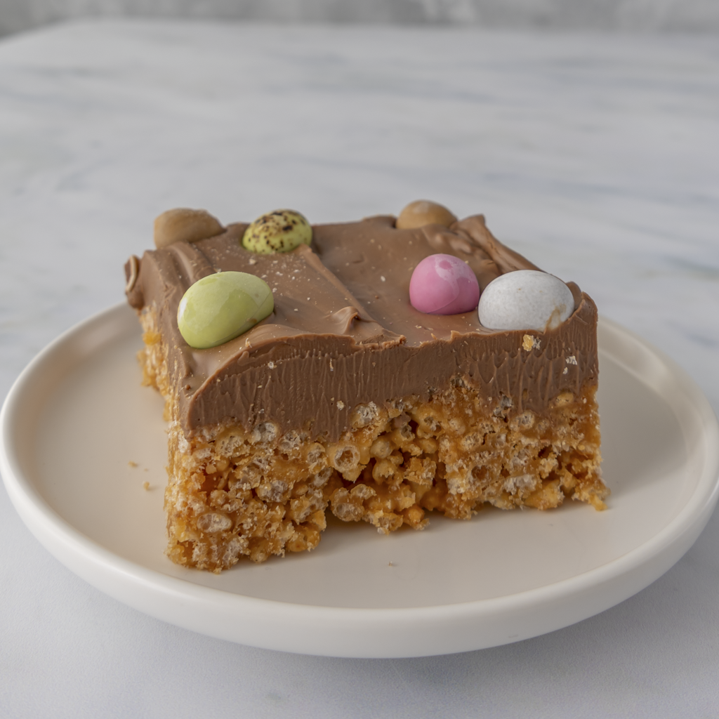 Chocolate Mini Egg crispie slab portion on white plate topped with colourful crunchy mini eggs