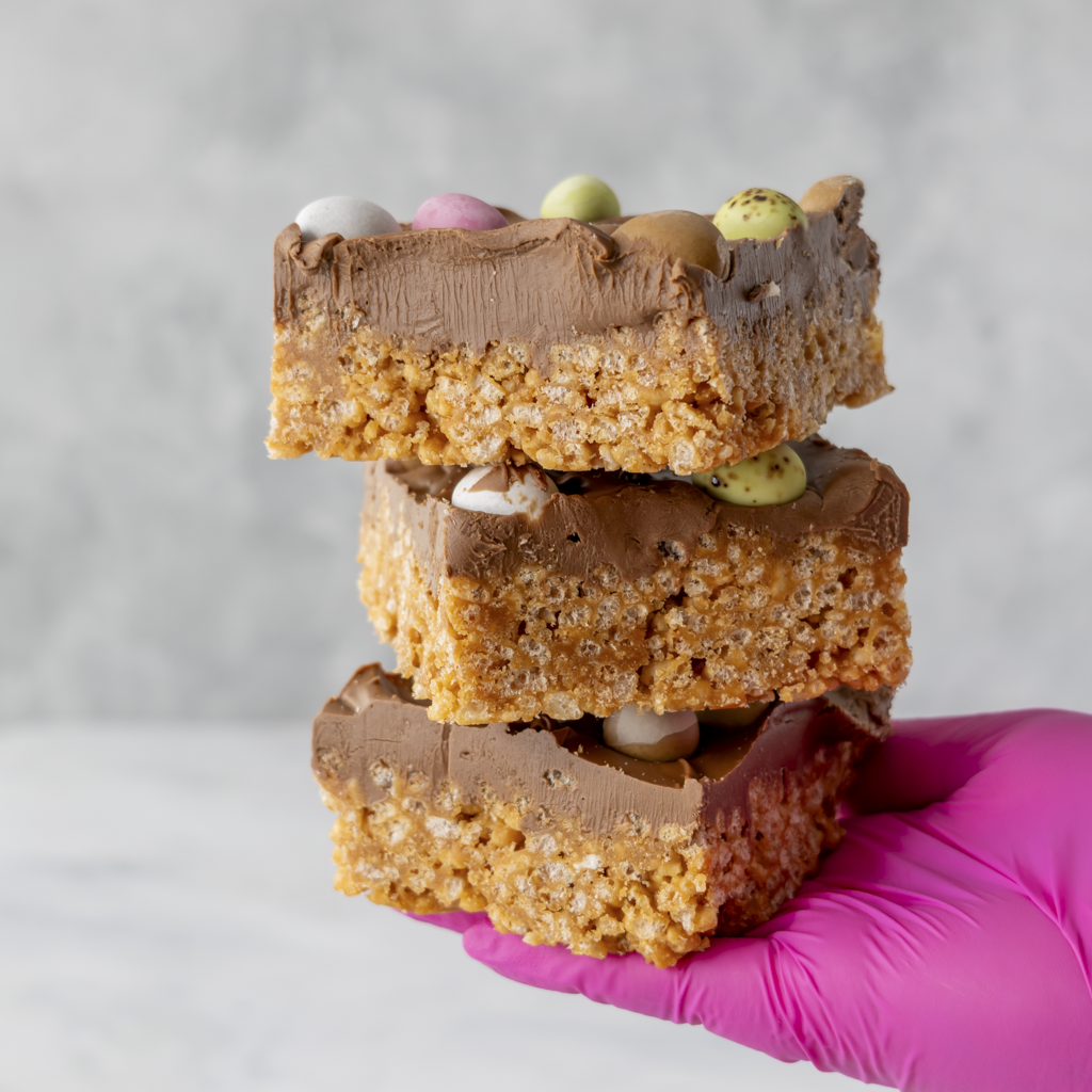 Stacked Mini Egg Crispie Slab slices held in pink glove showing caramel rice crispy base and milk chocolate topping