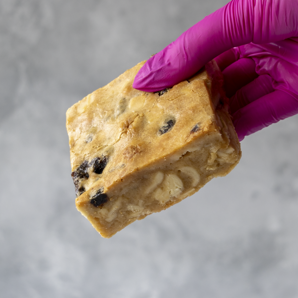 Hand holding a block of Sticky Toffee Blondie Slab wearing a purple glove on a gray background.
