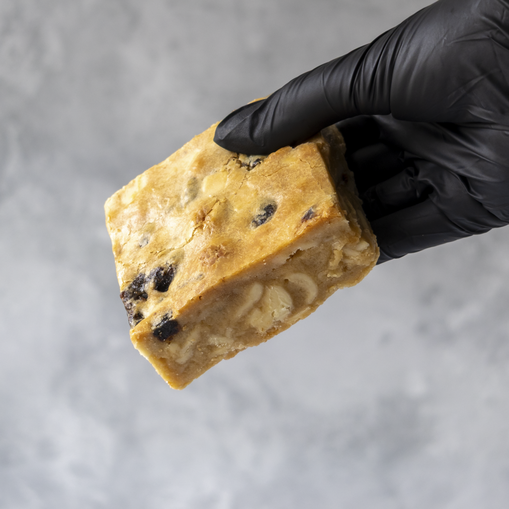 Hand wearing a black glove holding a piece of Sticky Toffee Blondie Slab against a neutral background