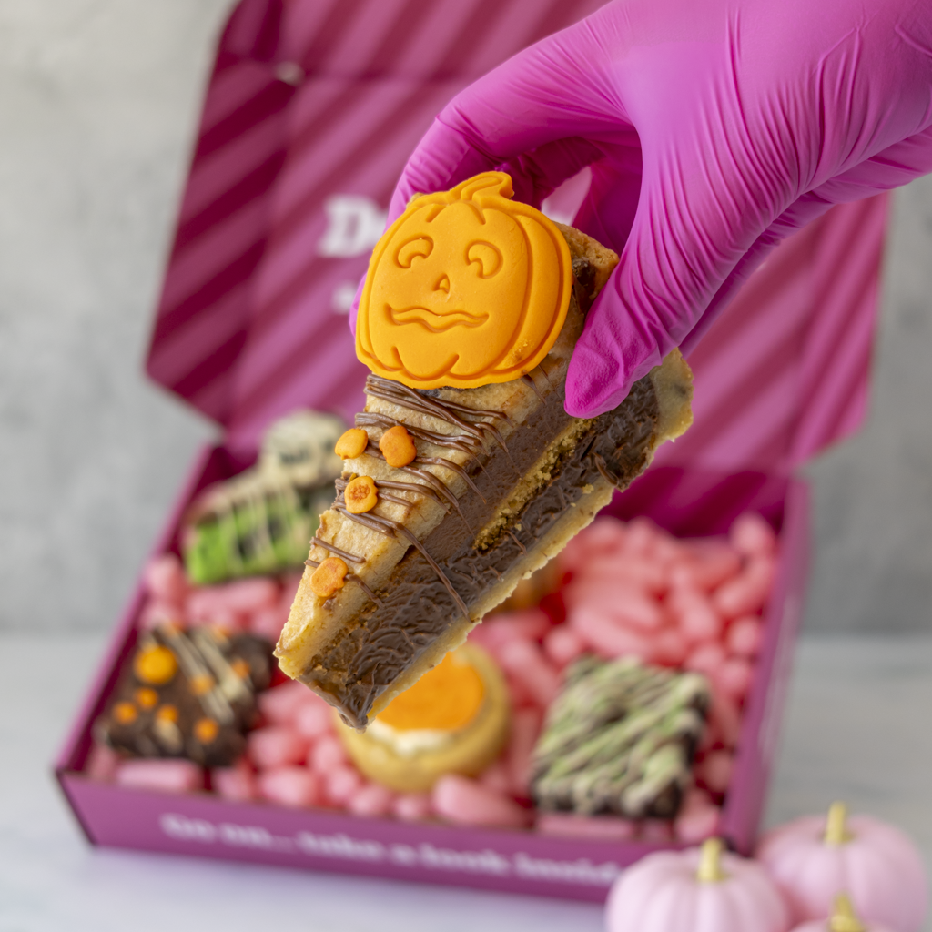A hand wearing a bright pink glove holds a decorated chocolate cookie pie slice topped with an orange pumpkin face. An open pink gift box filled assorted chocolate treats sits in the background on a light grey surface.