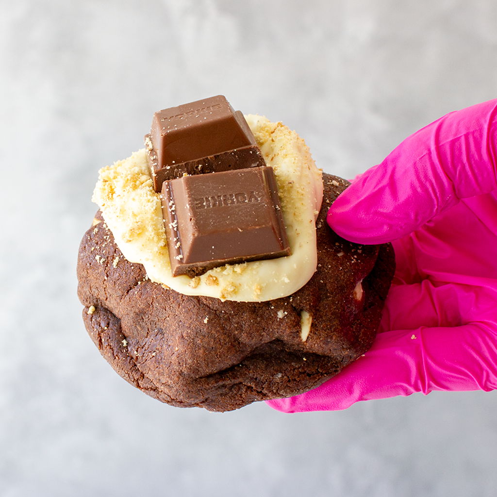 Yorkie, Biscuit & Brownie Deluxe Cookie with cream and chocolate pieces held by a hand wearing a pink glove on a light gray background
