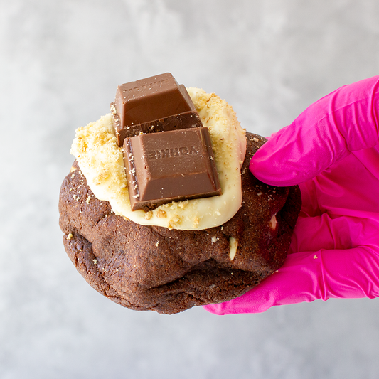 Yorkie, Biscuit & Brownie Deluxe Cookie with cream and chocolate pieces held by a hand wearing a pink glove on a light gray background