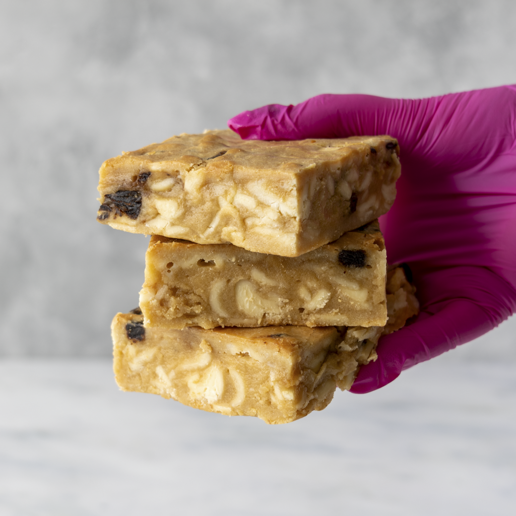 Sticky Toffee Blondie Slab held in gloved hand showing buttery blondie base with toffee pieces and sticky toffee sauce swirl