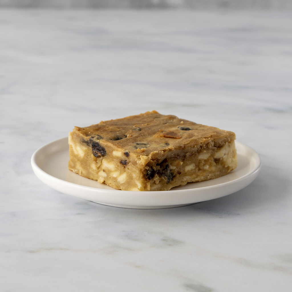 Sticky toffee blondie slab dessert slice served on white plate with rich toffee sauce swirl